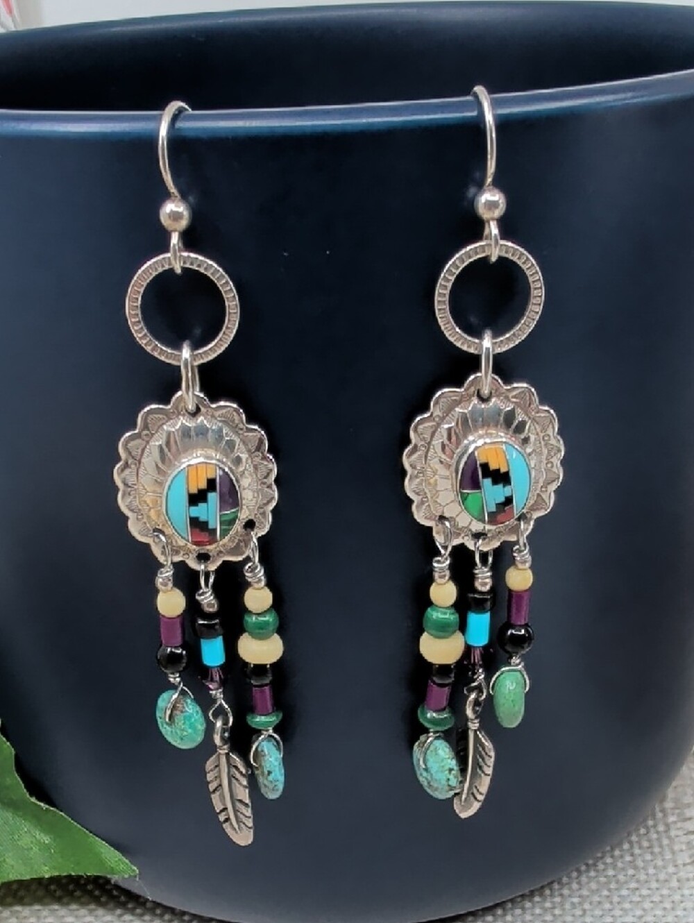 Vintage Masha 925 Sterling Inlay Concho Dreamcatcher Earrings - Picture 17 of 17